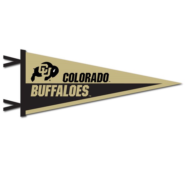 Colorado Buffaloes felt pennant with CU Buffalo logo, bold 'Colorado Buffaloes' lettering, and a split-color black and gold design with top ties for hanging.